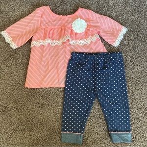 Little Lass Outfit Matching Top and Pants Size 18 Months Peach Blue